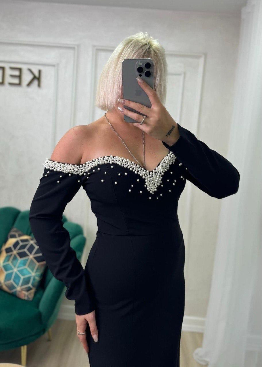 Rochie Nely lunga cu maneci tip barcuta si aplicatii perle albe