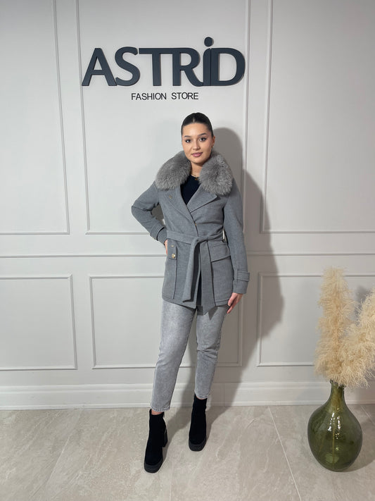 Palton Diandra scurtă din cașmir cu blană naturală și cordon în talie