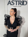 Rochie Elisa midi cu aplicații volane la umăr și picior curea în talie