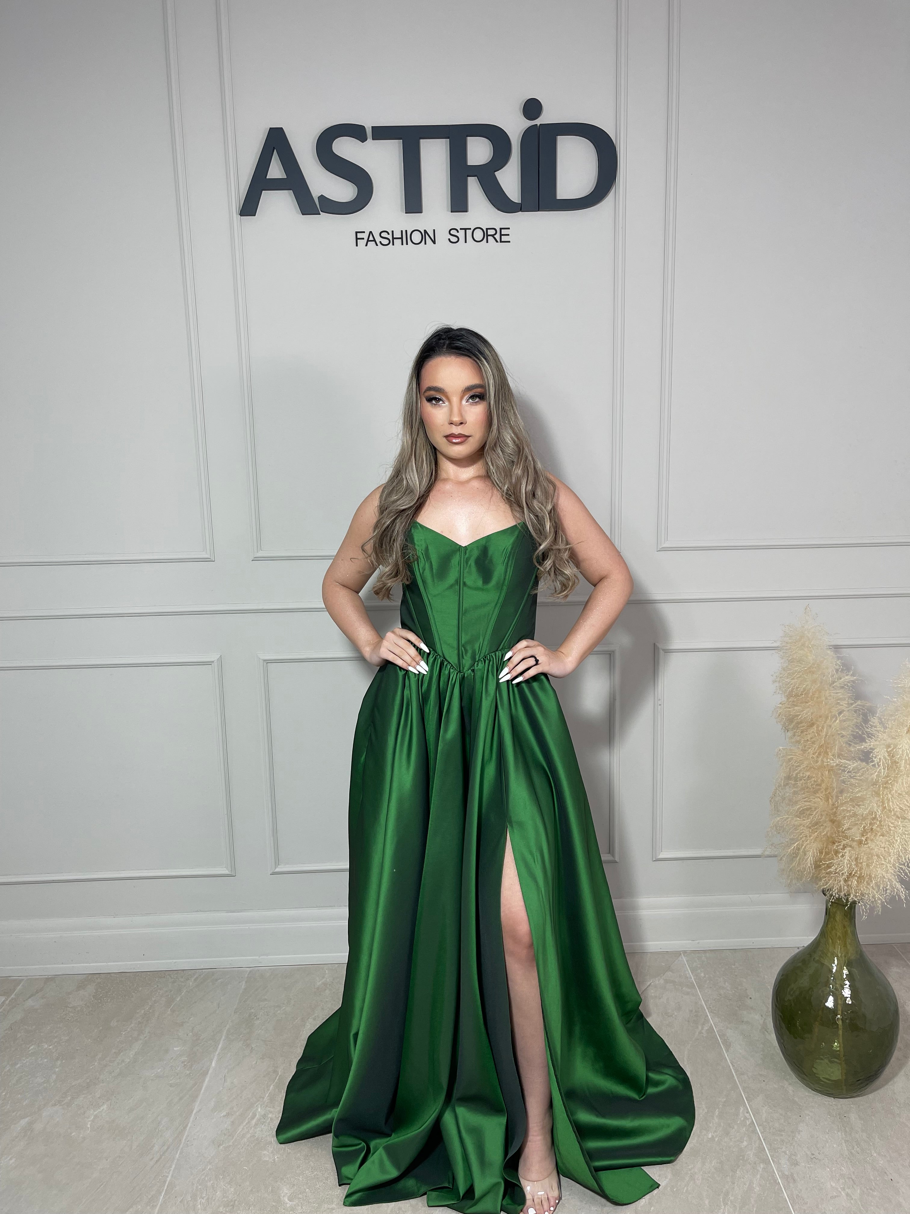 Rochie Lucy lungă din tafta tip corset și crăpătură pe picior