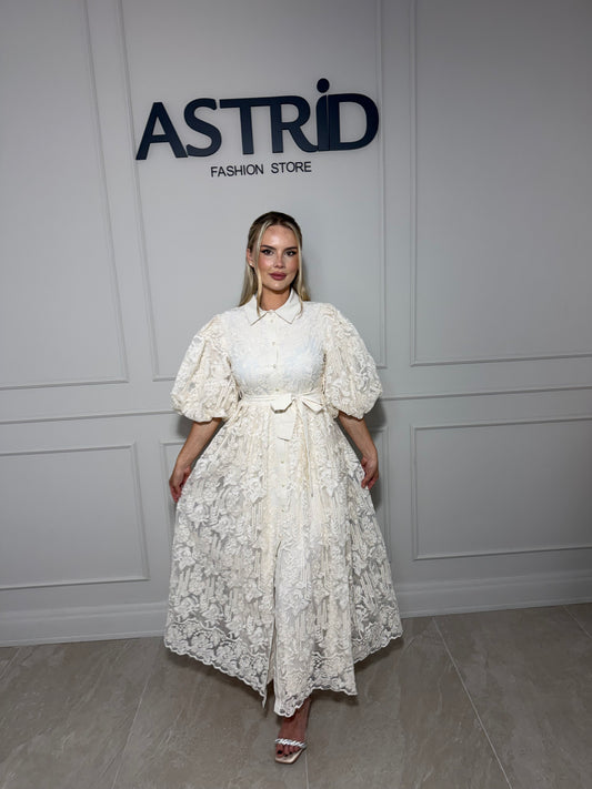 Rochie Aleya midi din broderie cu maneci bufante si cordon talie