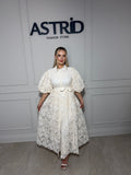Rochie Aleya midi din broderie cu maneci bufante si cordon talie