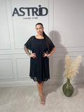 Rochie Yolanda midi neagră mânecă scurtă din voal și paiete la gat