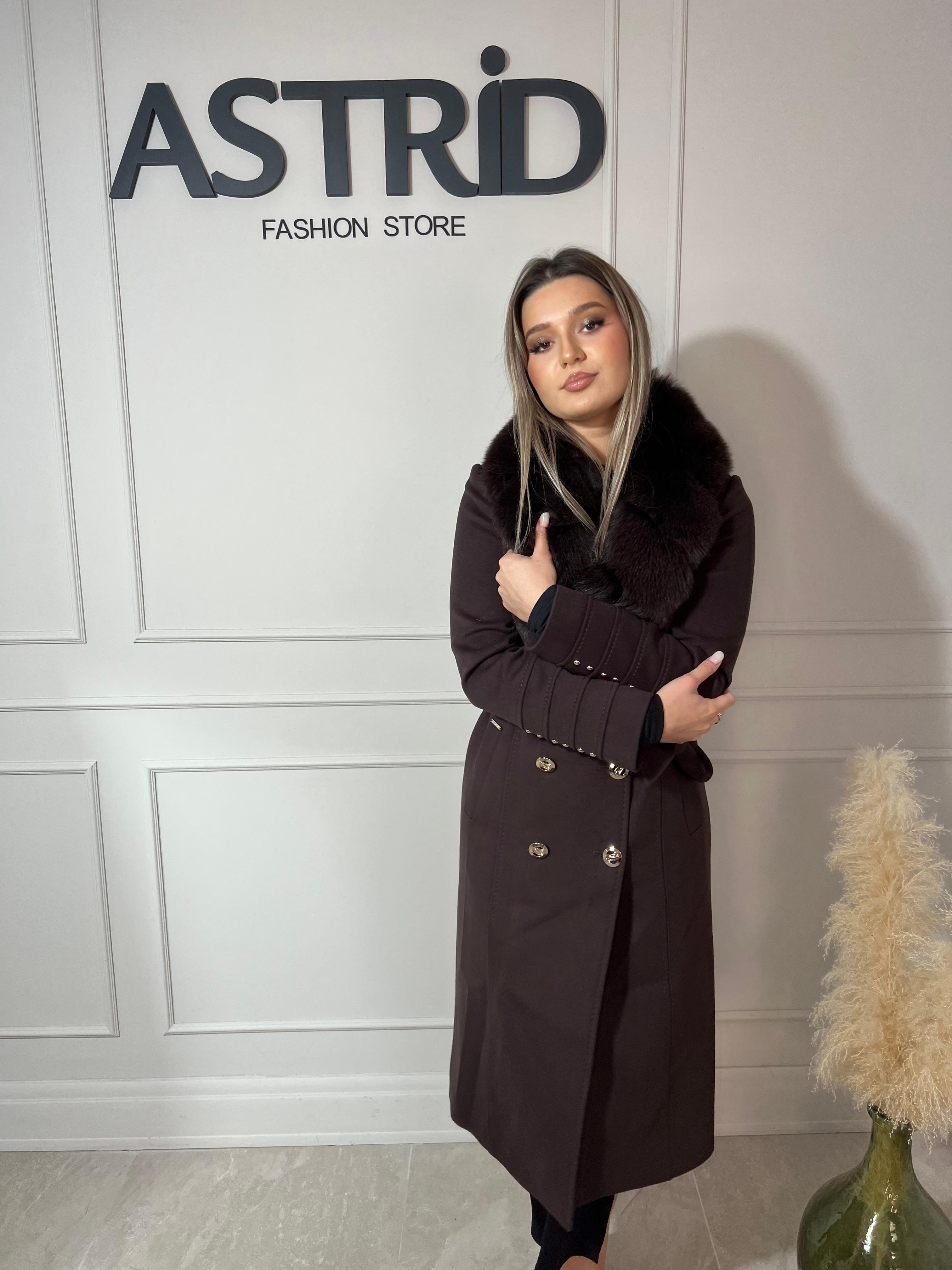 Palton Sofia lungă din cașmir cu balana  naturala și cordon în talie