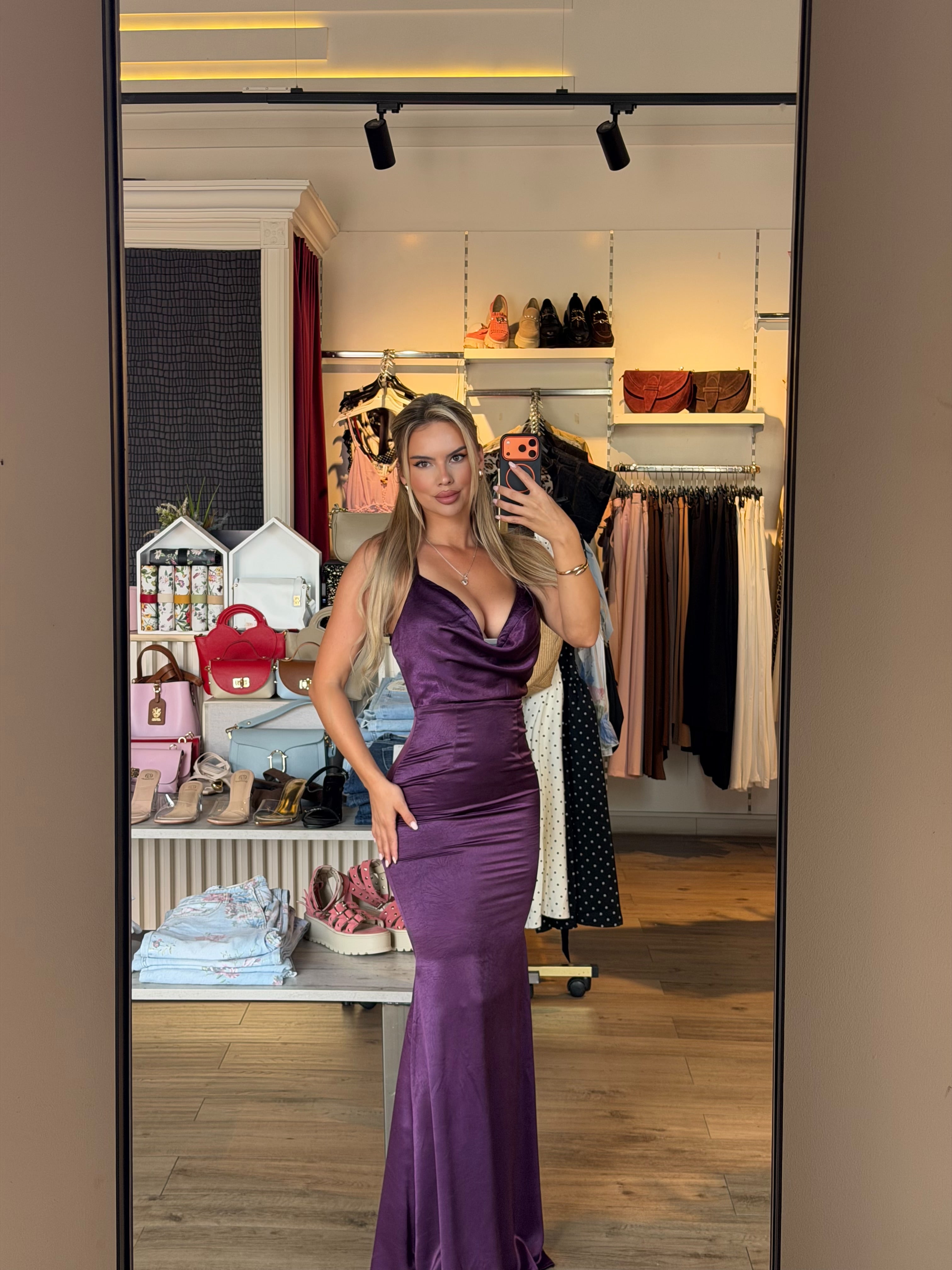 Rochie Purple lunga din satin cu bretele subtiri