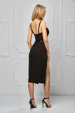 Rochie midi, neagra, bust tip corset din tull, fusta cu slit pe picior