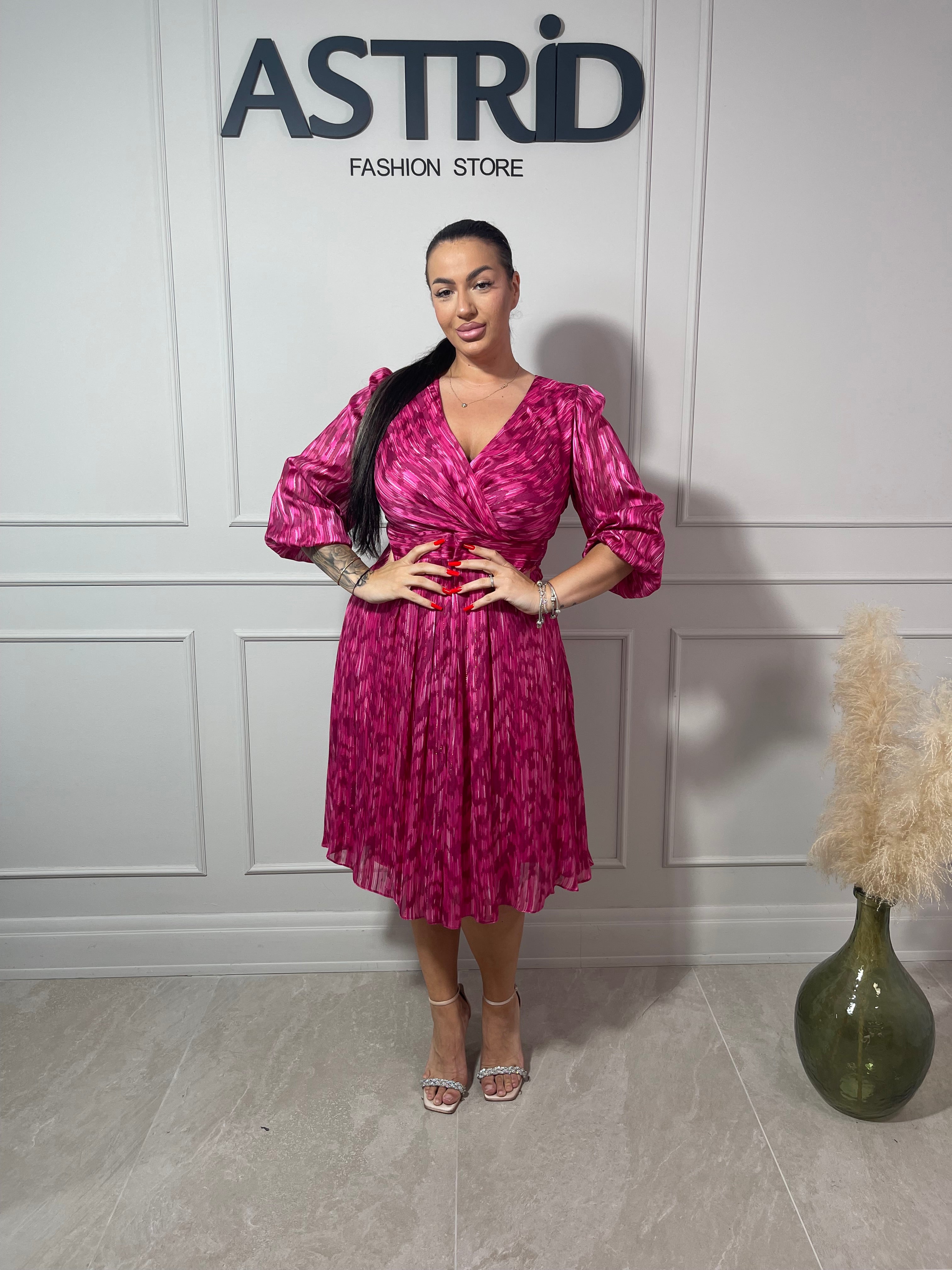 Rochie Gloria midi mânecă 3/4 inserții sclipici