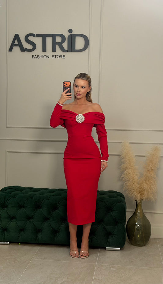 Rochie Dalma midi cu maneci tip barcuta si brosa la bust