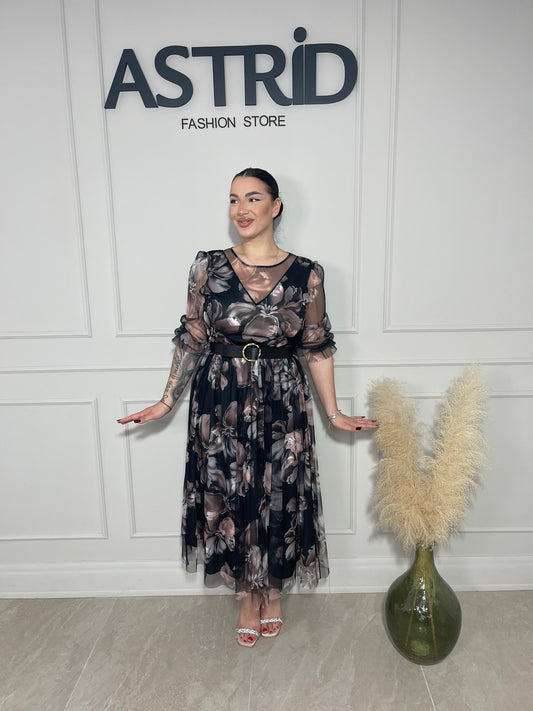 Rochie Raisa, midi din voal cu imprimeu floral.