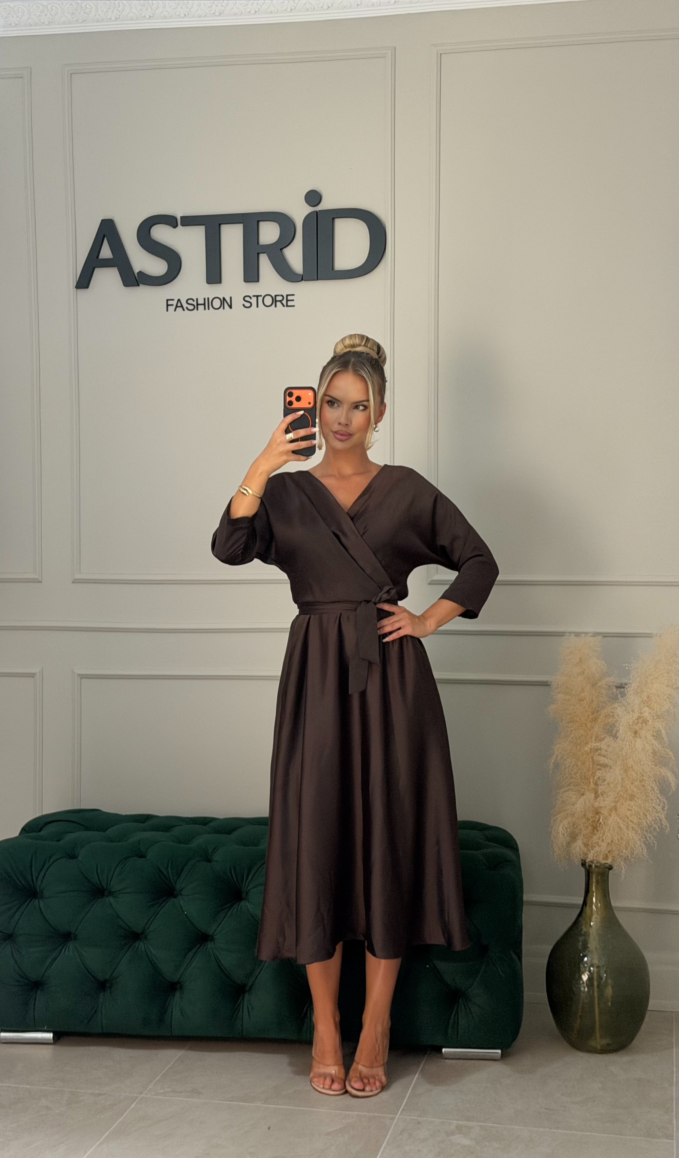 Rochie Pompea midi din satin cu cordon in talie