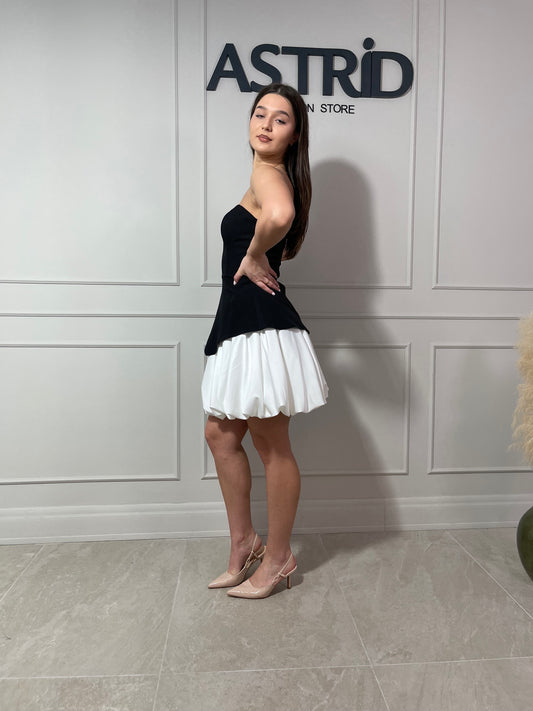 Set fustă albă și top negru cu fermoar la spate
