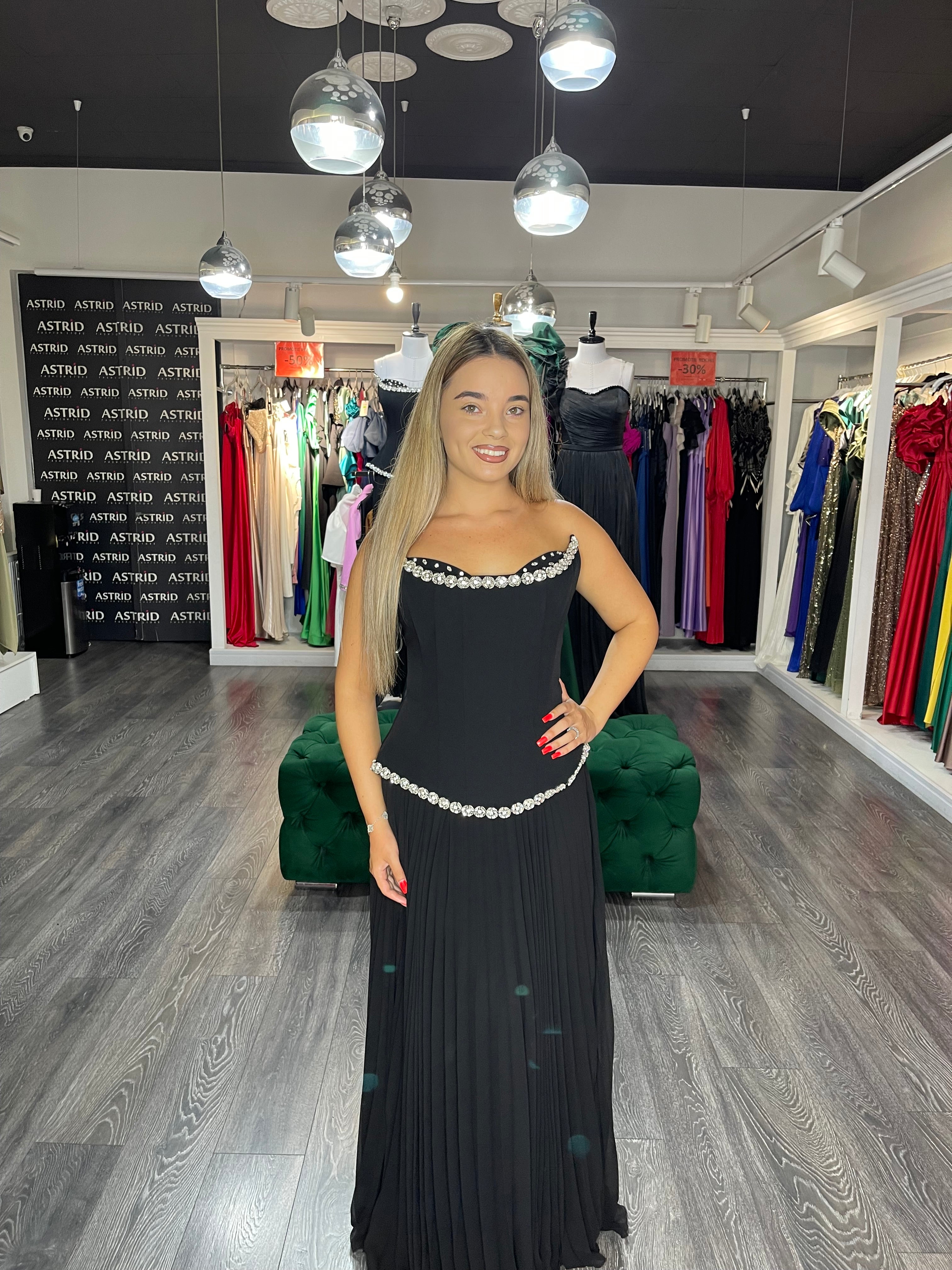 Rochie Gloria lungă plisată aplicații pietre la bust și talie
