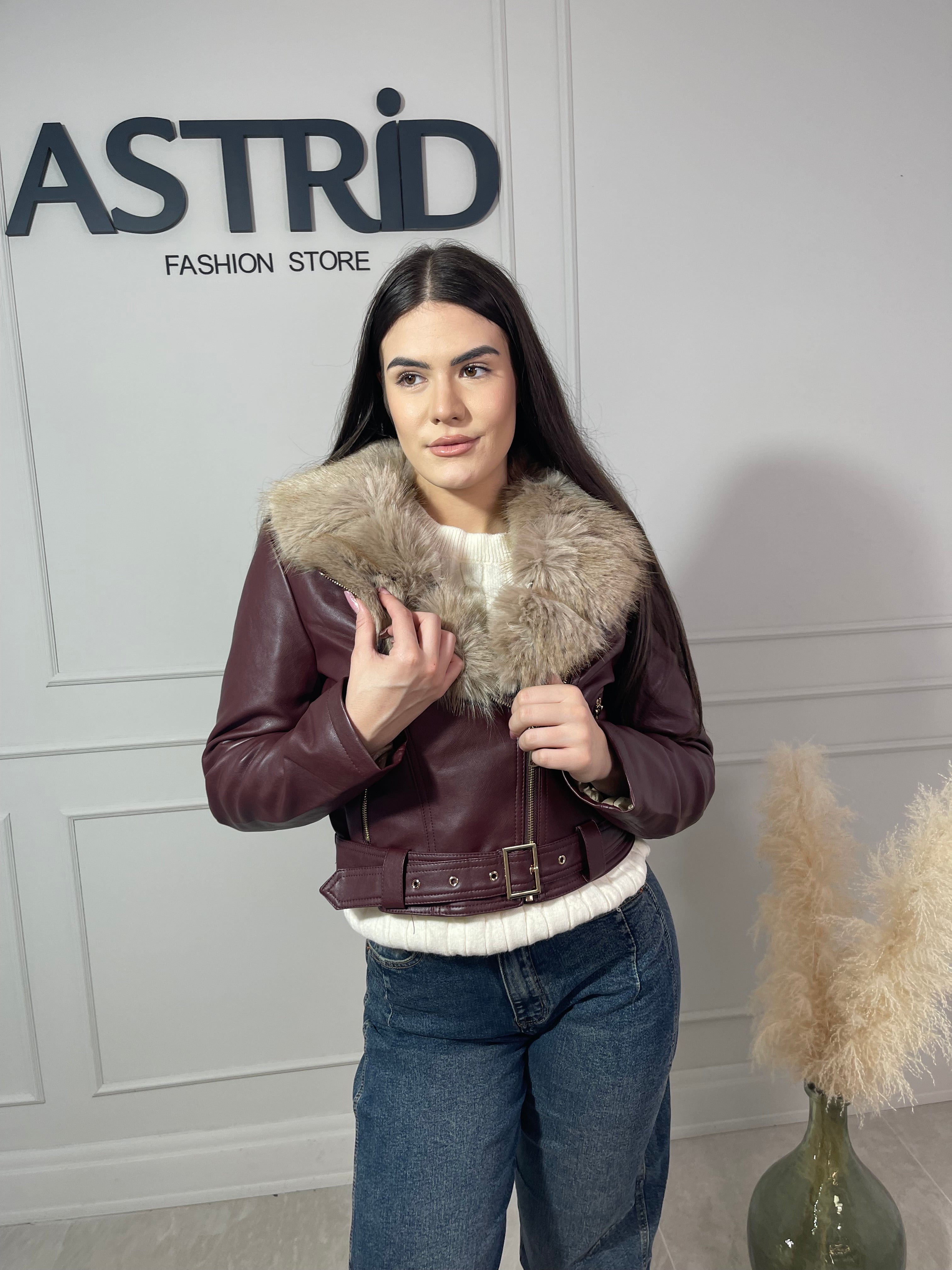 Geaca Sofi din piele eco guler blăniță și curea în talie