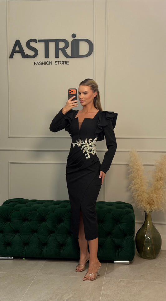 Rochie Vivien midi cu maneca lunga si aplicatii argintii in talie