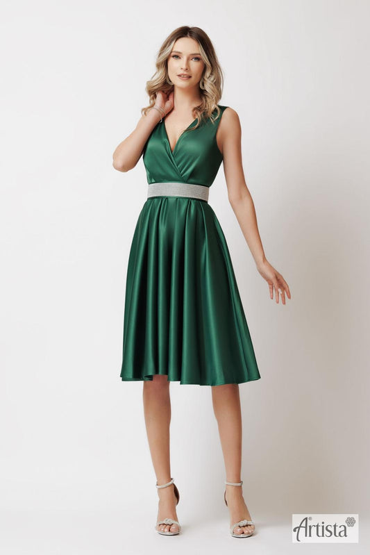Rochie Serenă midi din satin curea în talie cu pietre