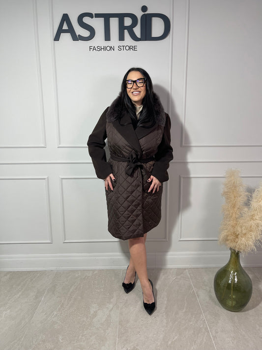 Palton Olivia combinație fâș și stofă