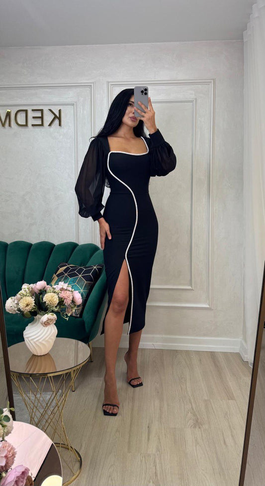 Rochie Nadine midi neagra cu maneci din voal