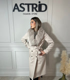 Palton Diandra lung din cașmir cu nasturi aurii și blană naturală