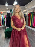 Rochie Alexia lungă din tiul falduri la bust și crăpătură pe picior