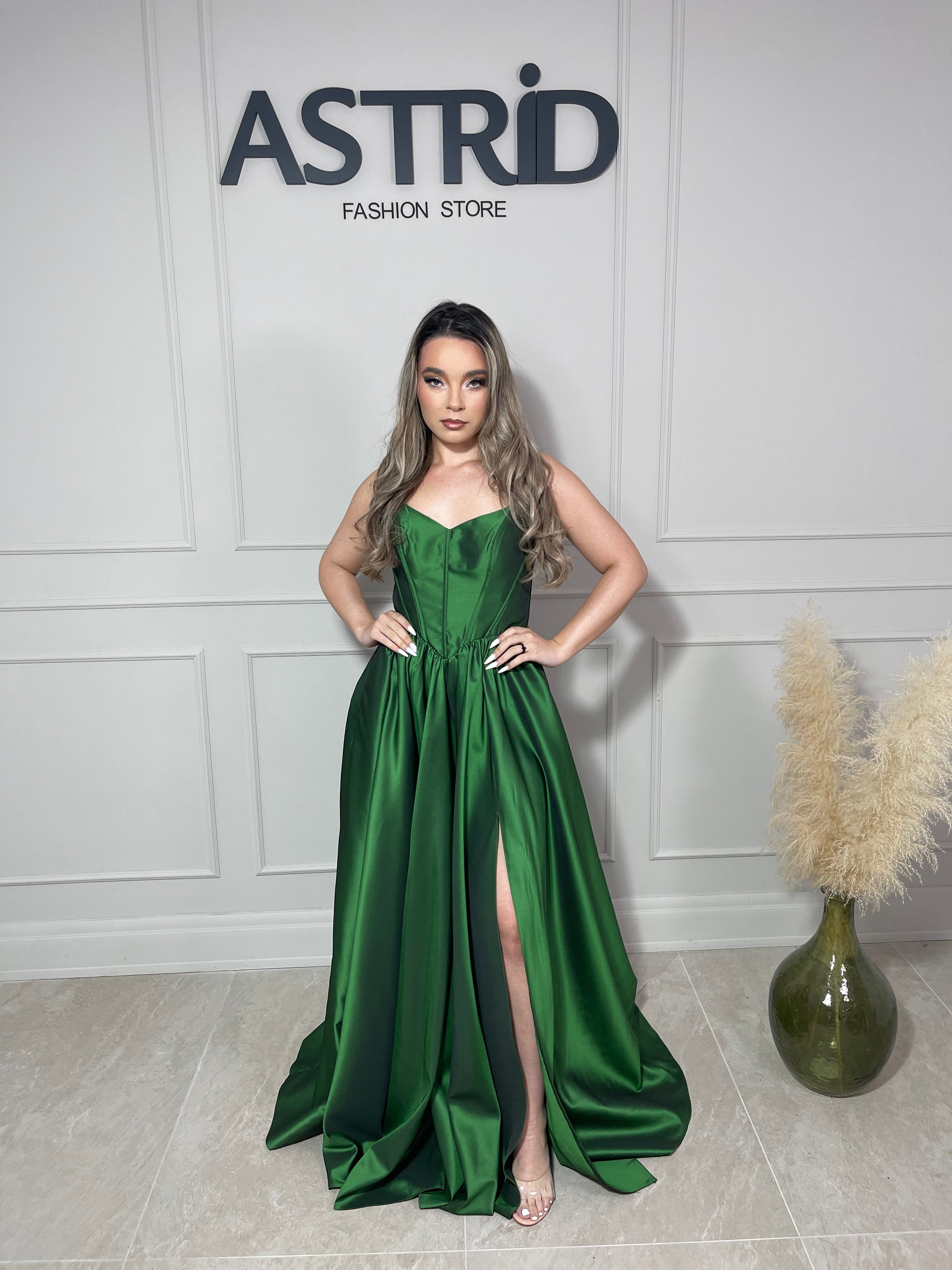Rochie Lucy lungă din tafta tip corset și crăpătură pe picior