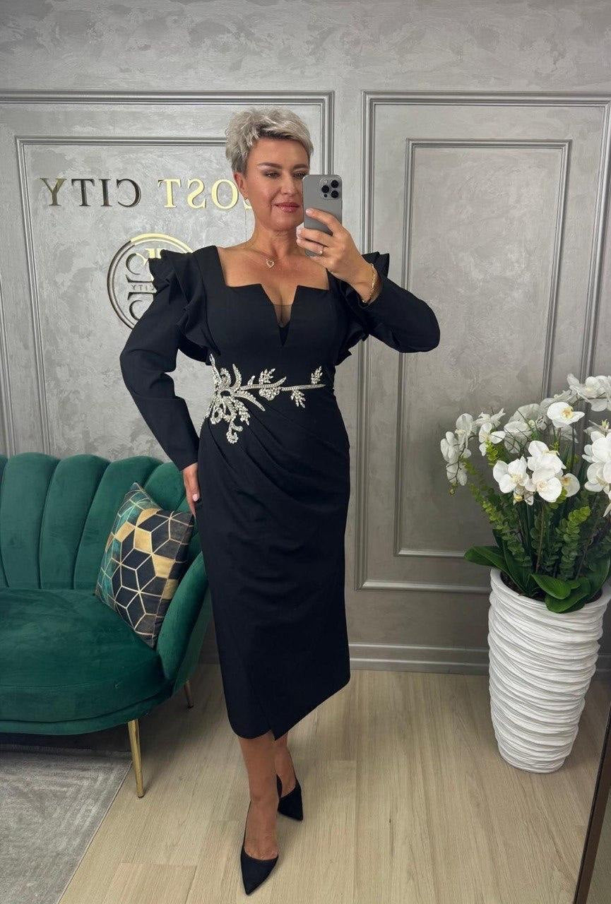 Rochie Georgia midi cu maneci lungi si accesoriu argintiu in talie