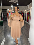 Rochie Gloria midi în cloș mânecă clopot aplicații pietre la bust și talie