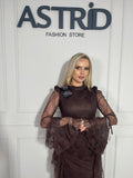 Rochie Aylin lunga din dantela cu accesorii florale la gat si maneca evazate