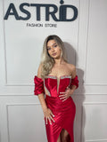Rochie Bella lungă din satin pietre la bust și talie mâneci bufante detașabile