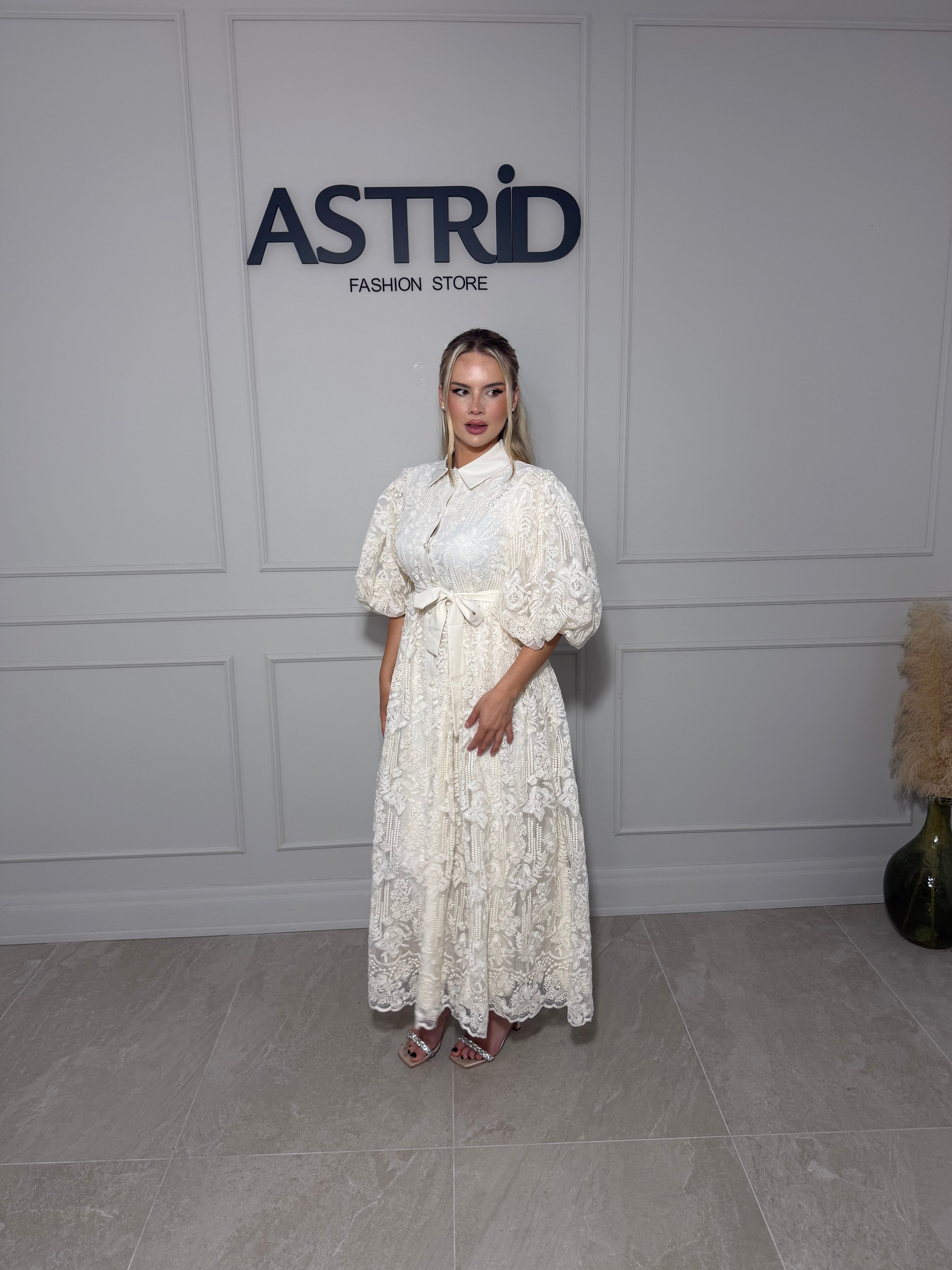 Rochie Aleya midi din broderie cu maneci bufante si cordon talie