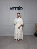 Rochie Aleya midi din broderie cu maneci bufante si cordon talie