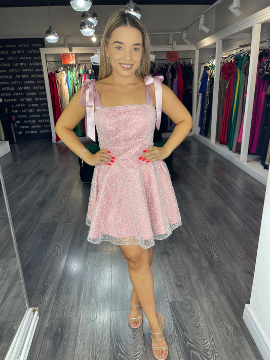 Rochie Amina scurta, roz, babydoll, bretele late