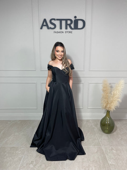 Rochie Perla lungă din sifon decolteu tip bărcuță și buzunare