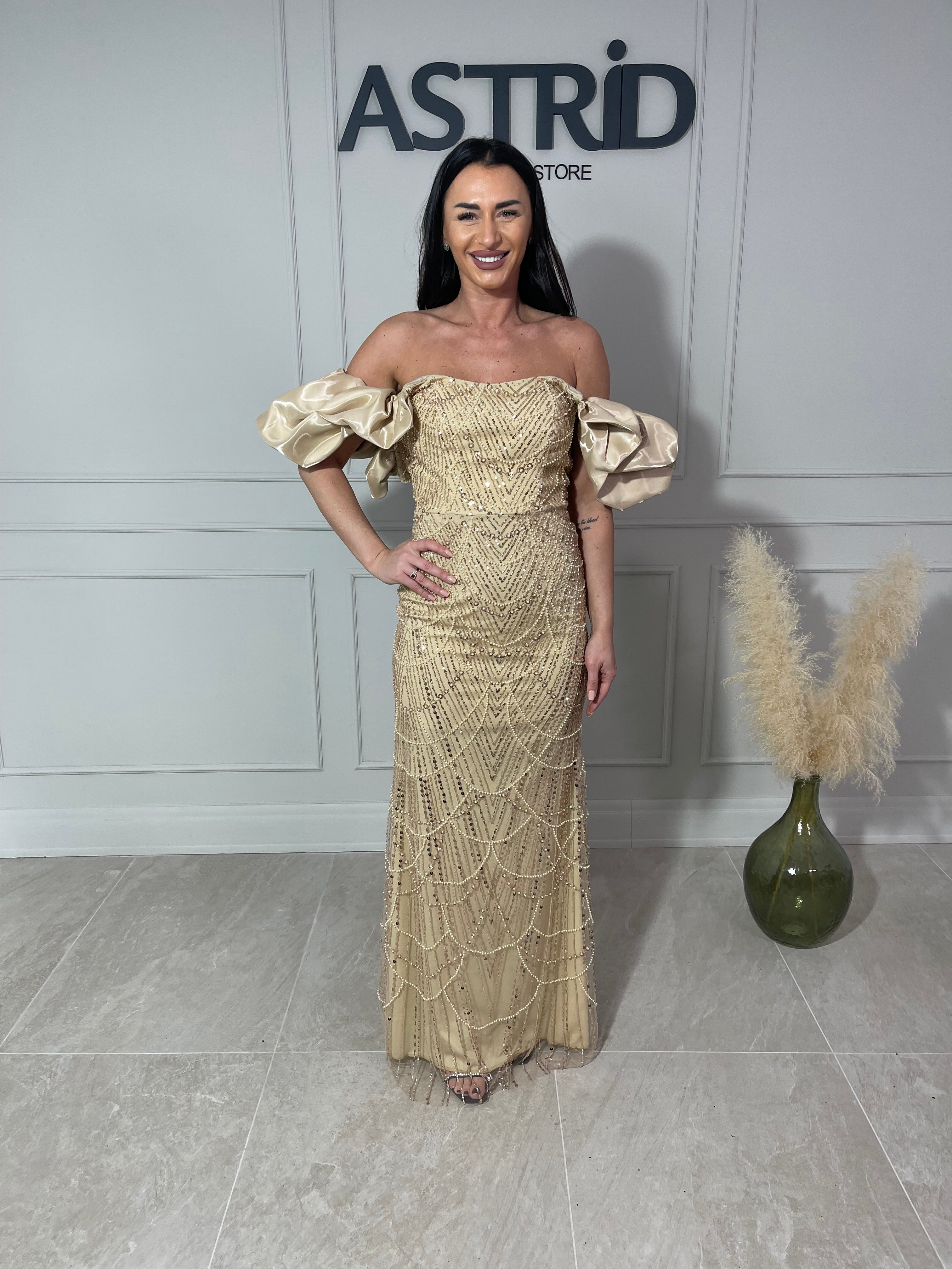 Rochie Amelie lungă din paiete cu mânecă bufantă
