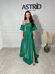 Rochie Zayra lungă din satin mânecă bufantă și corset la spate