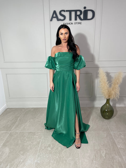 Rochie Zayra lungă din satin mânecă bufantă și corset la spate