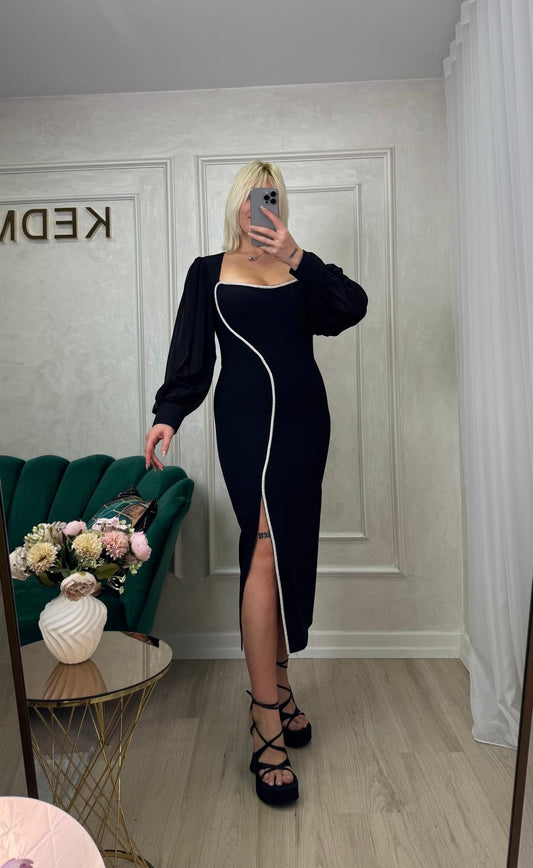Rochie Nadine midi neagra cu maneci din voal