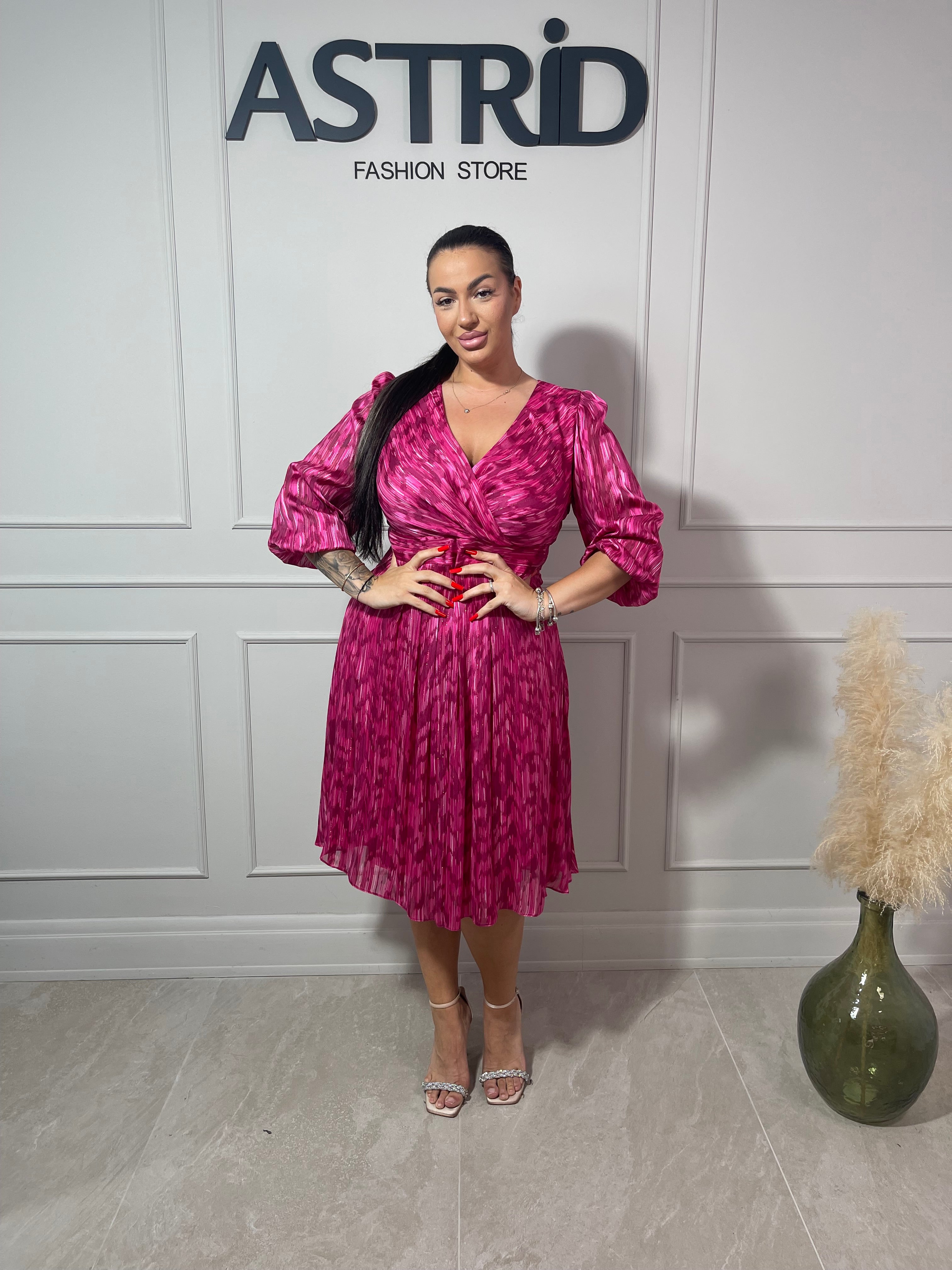 Rochie Gloria midi mânecă 3/4 inserții sclipici