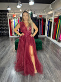 Rochie Alexia lungă din tiul falduri la bust și crăpătură pe picior