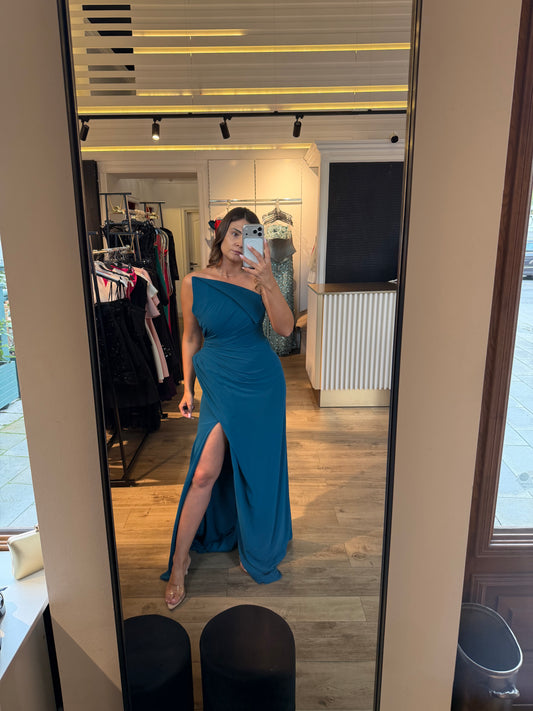 Rochie Blue lunga cu drapaj in talie si corset in colt