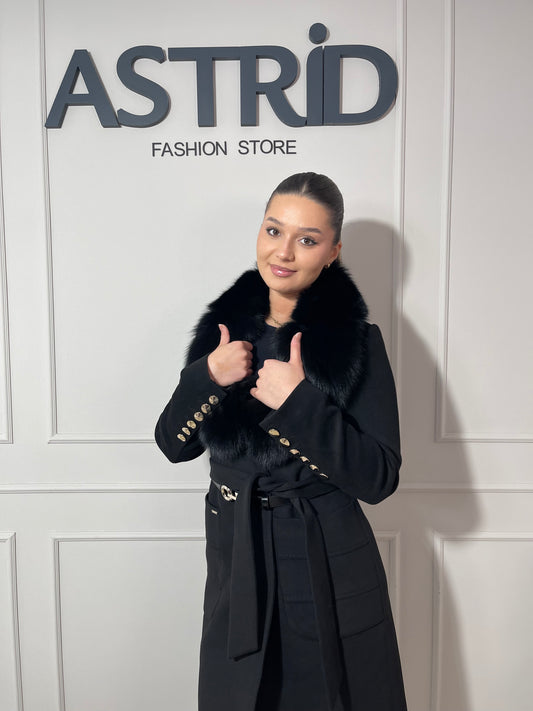 Palton Beatrice din cașmir cu blană naturală și cordon în talie