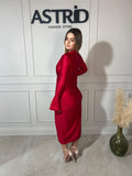 Rochie Kleo midi nod talie mânecă lungă cu volane și guler