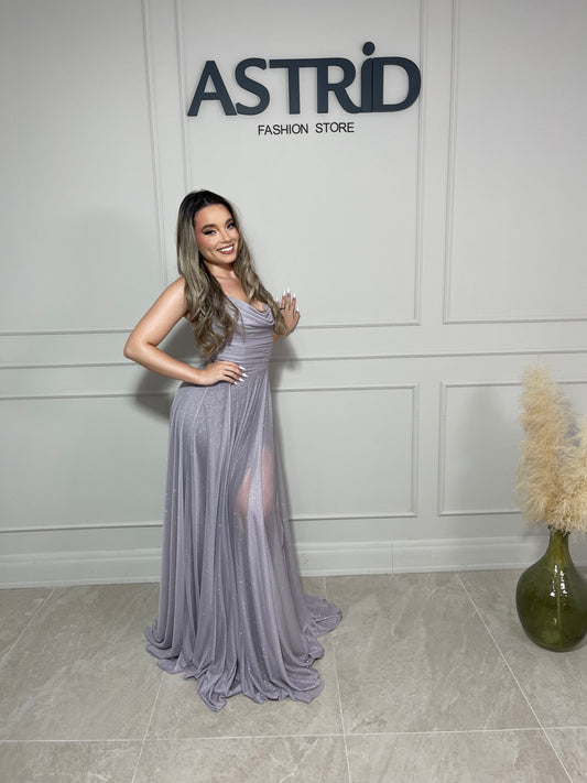 Rochie Helga lungă bretele subțiri bust căzut și inserții sclipici