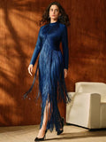 Rochie Edwina midi din bandaj cu maneca lunga si franjuri