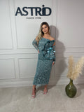 Rochie Belize midi cu mâneci detașabile și aplicații paiete și sclipici