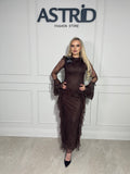 Rochie Aylin lunga din dantela cu accesorii florale la gat si maneca evazate