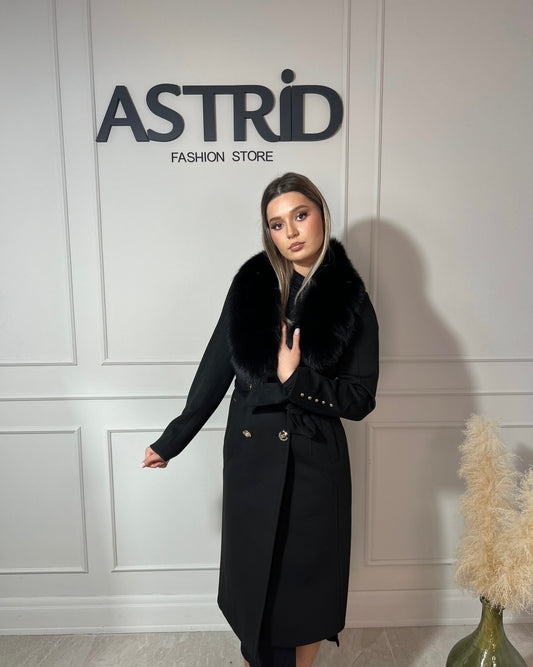 Palton Ama lung din cașmir și blană naturală