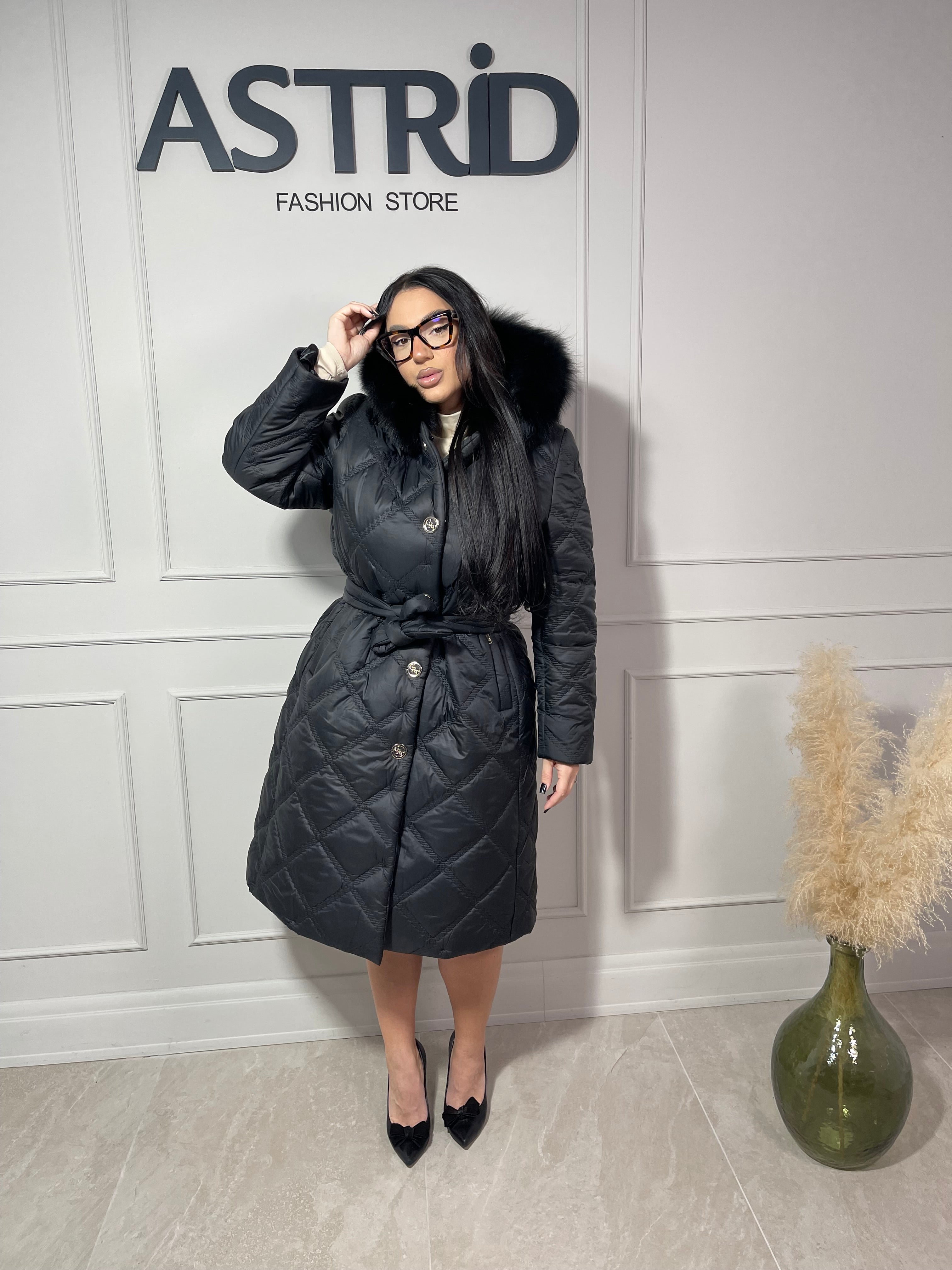 Geaca Mira lungă cu capse și cordon în talie