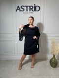 Rochie Aida neagră mânecă din voal și aplicații pietre pe umăr