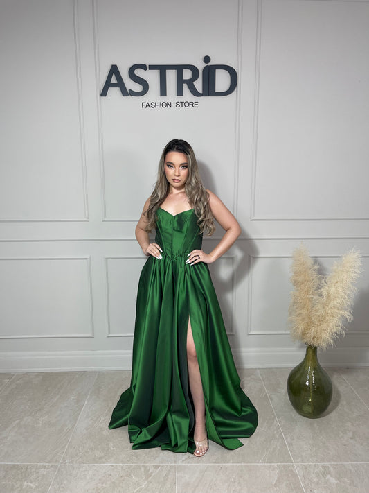 Rochie Lucy lungă din tafta tip corset și crăpătură pe picior