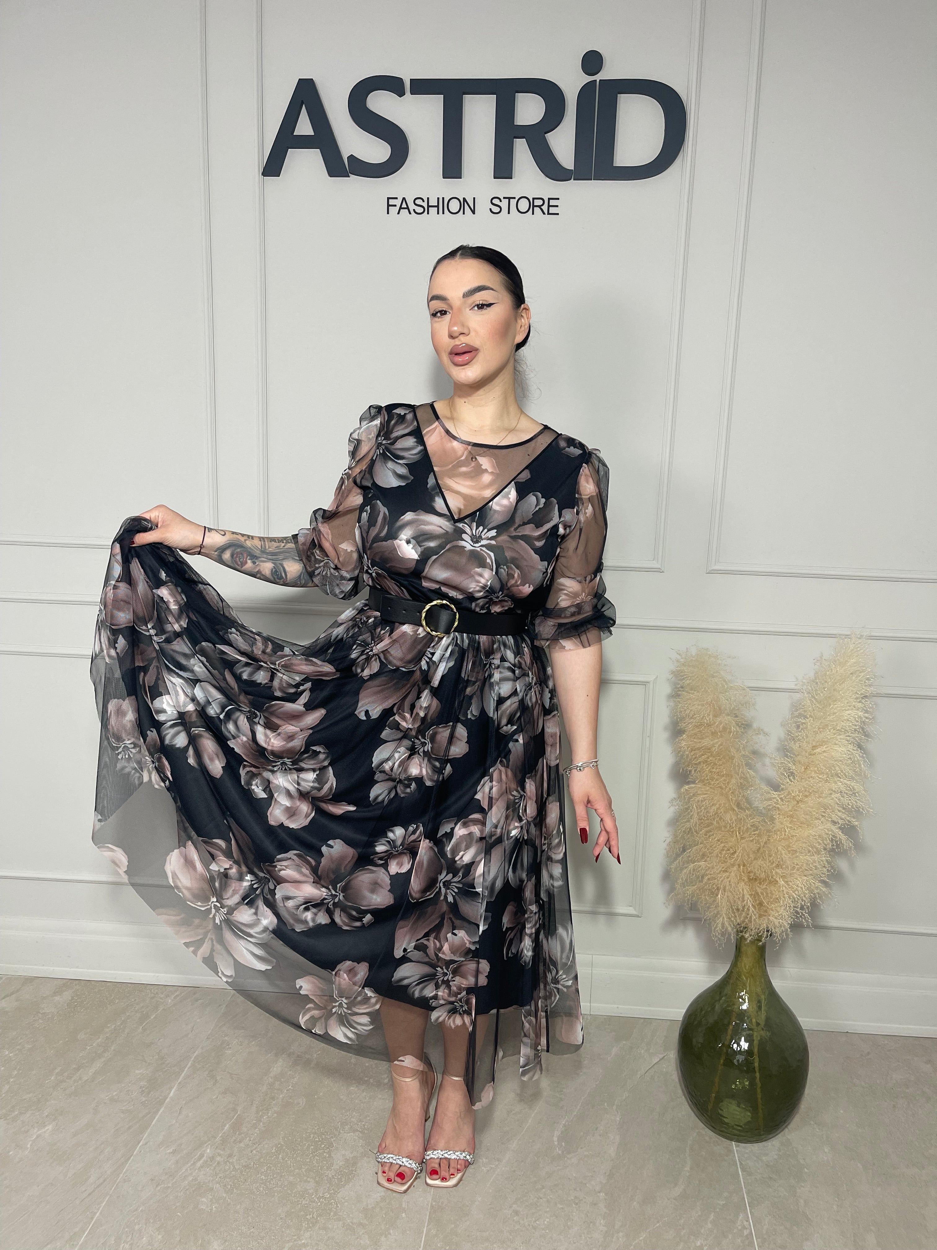 Rochie Raisa, midi din voal cu imprimeu floral.